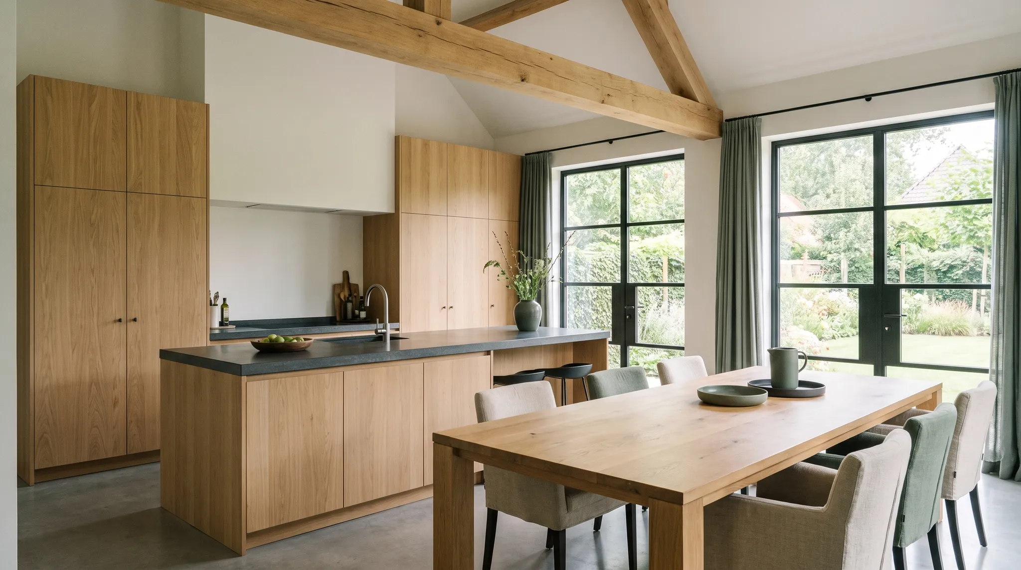 Open leefkeuken met eiken kastenwand, kookeiland en eettafel bij grote ramen
