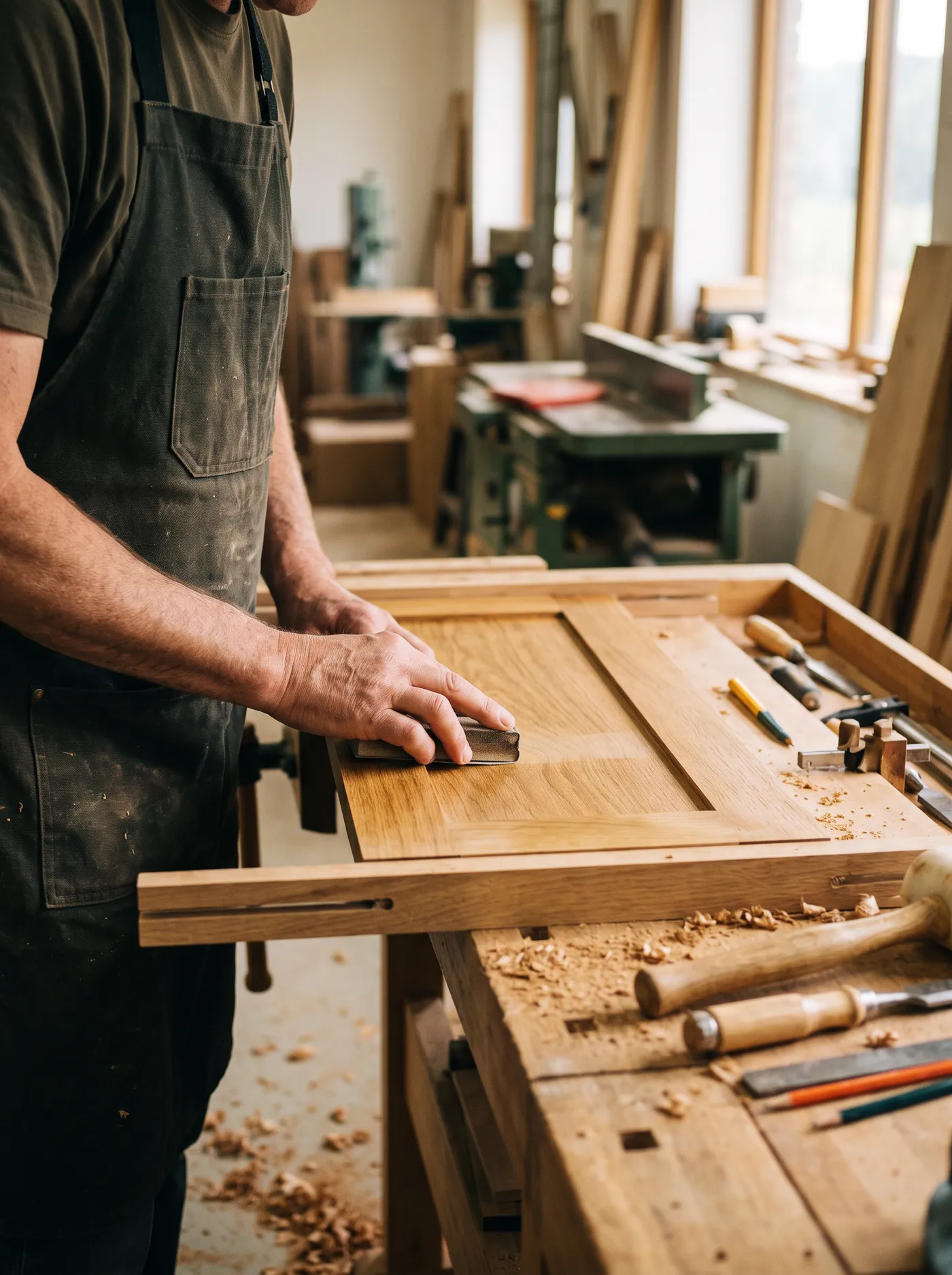 Handen van een meubelmaker die een eiken kastdeur schuurt in de werkplaats