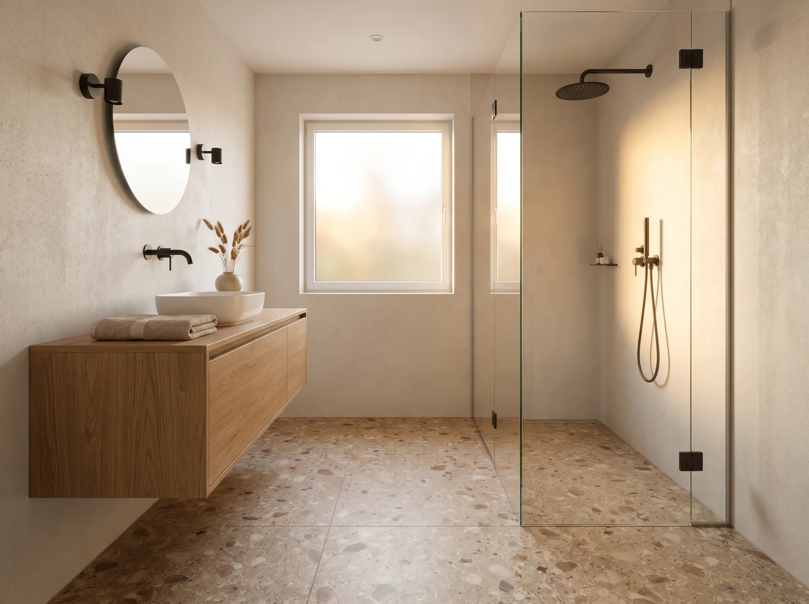 Conceptbeeld van een badkamer met zwevend eiken wastafelmeubel en inloopdouche