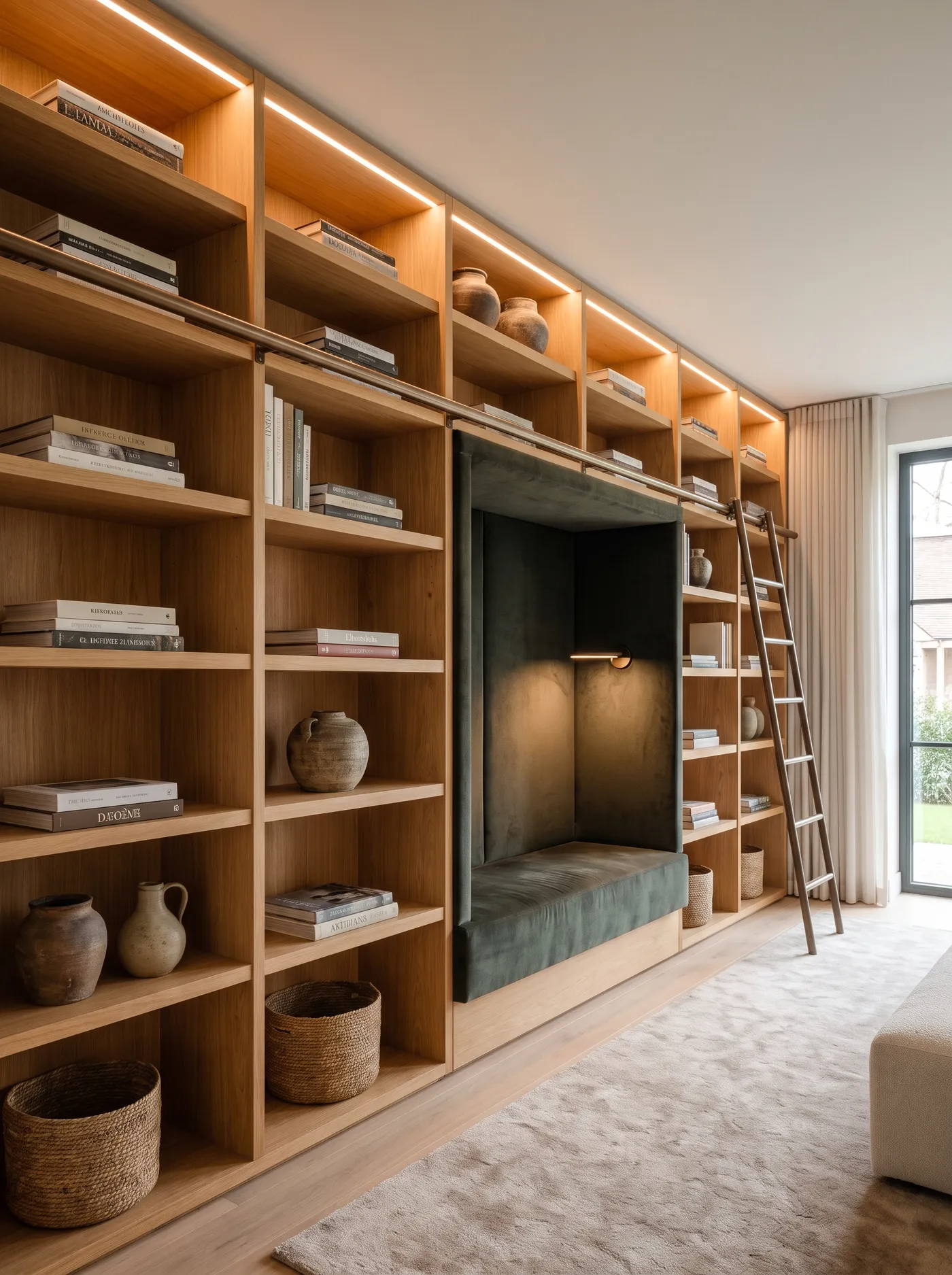 Conceptbeeld van een eiken boekenkastwand op maat met leesnis en verlichting