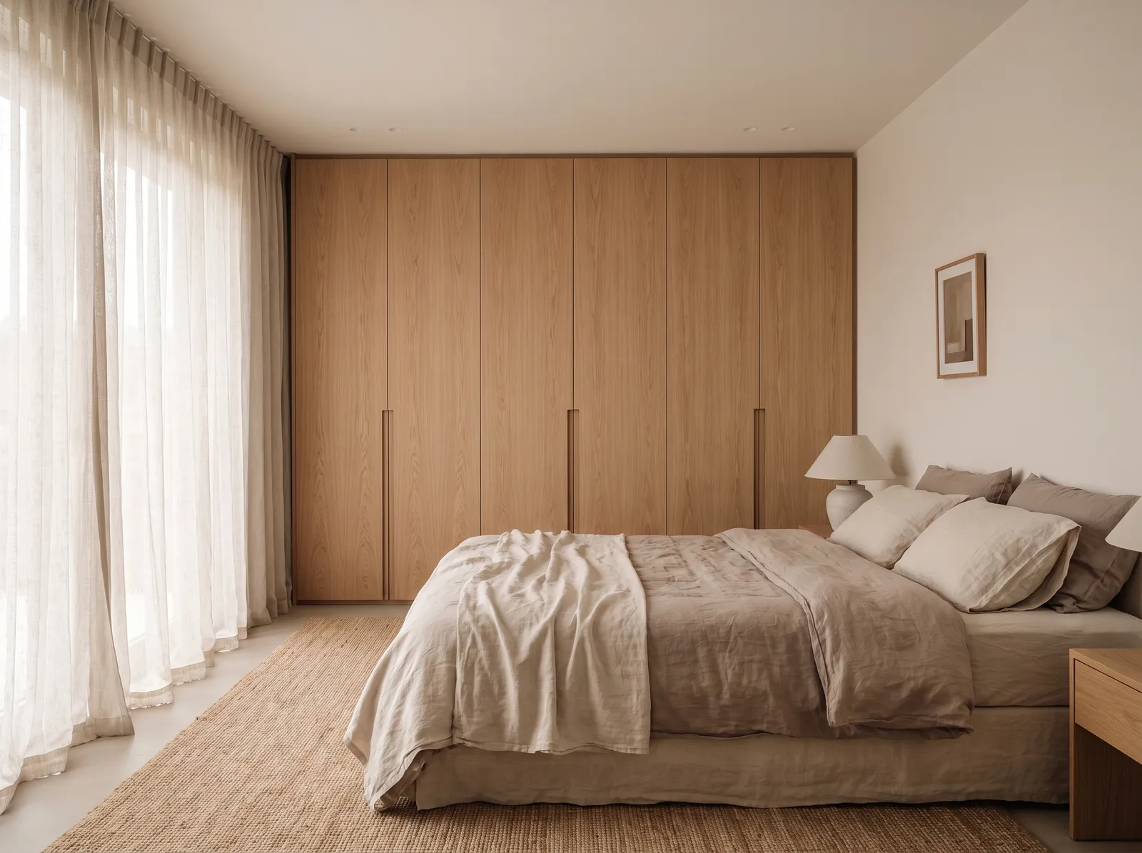 Conceptbeeld van een minimalistische eiken kledingkastwand in een rustige slaapkamer